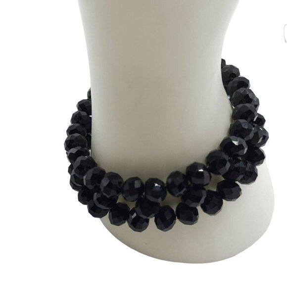 Black Glass Beaded Stretch Double Strand Bangle Bracelet Vintage - Picture 2 of 4